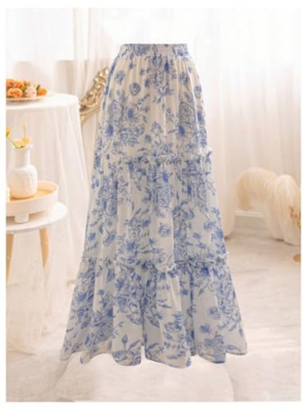 Floral Print Tiered Layered Long Skirt High Rise Ruffled Maxi Skirt